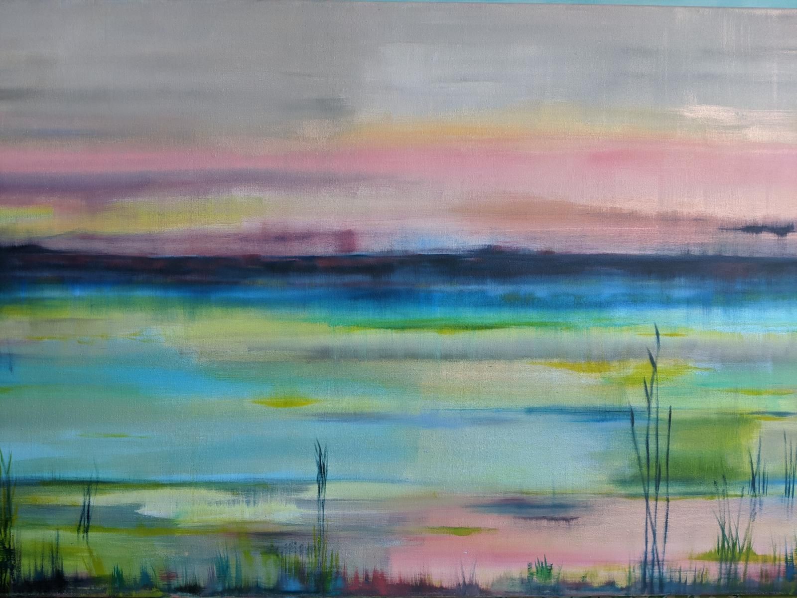 Abstract landscape painting with pastel sky reflecting in water. Green and blue foreground, dark horizon line.