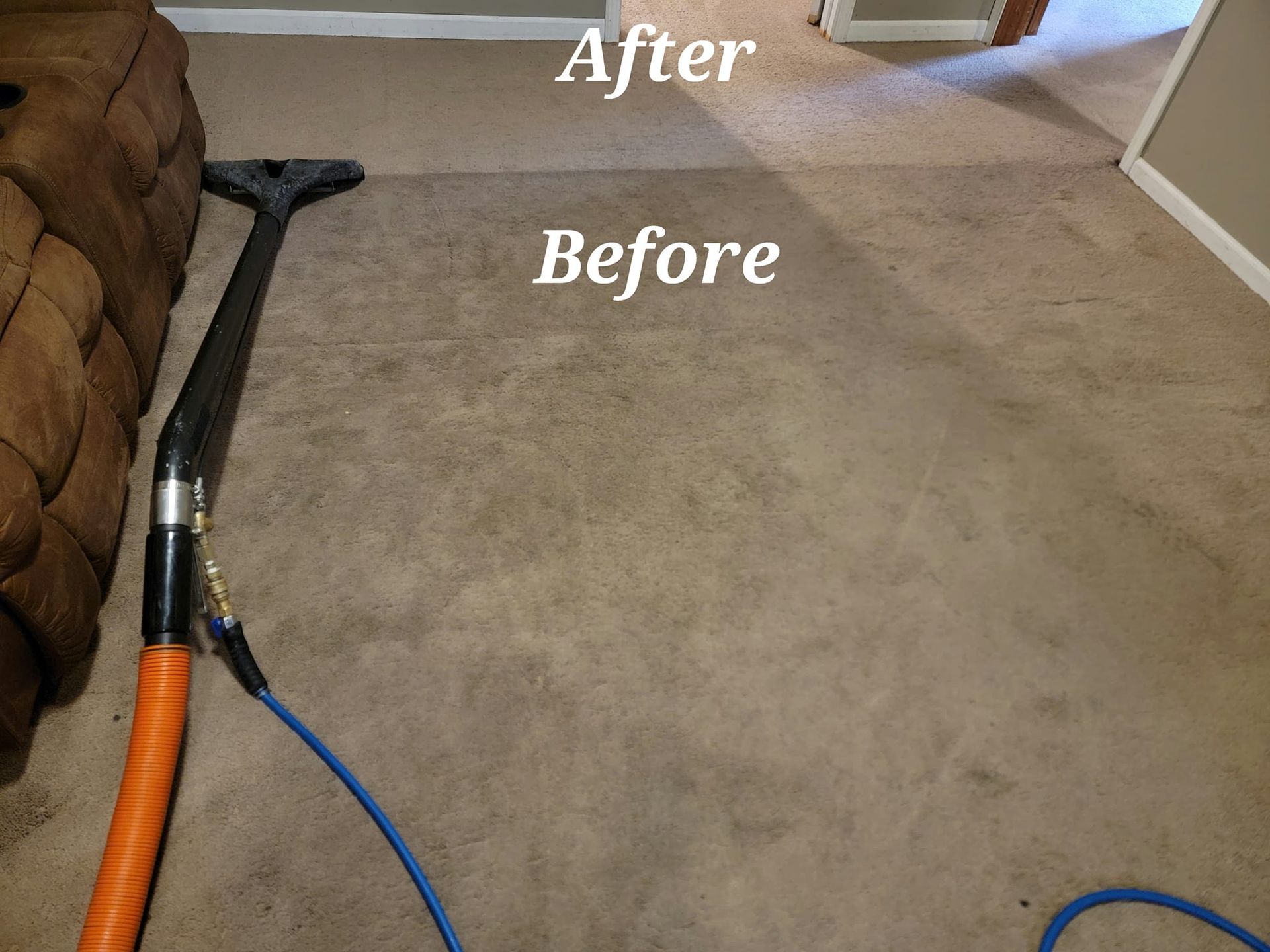 A before and after picture of a carpet being cleaned