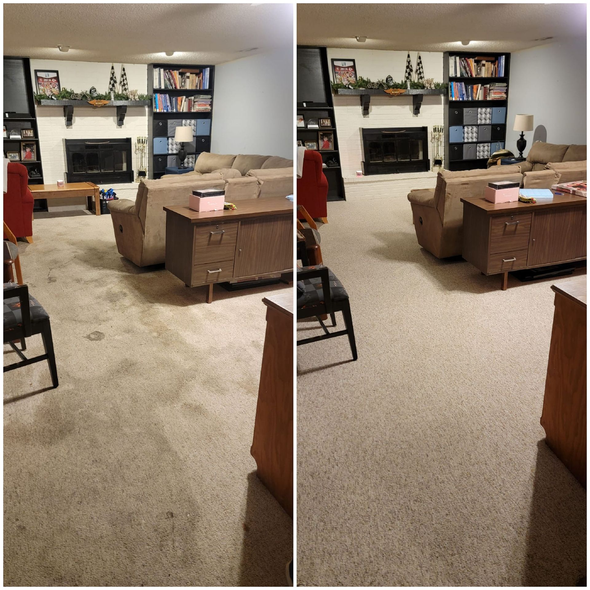 A before and after photo of a living room