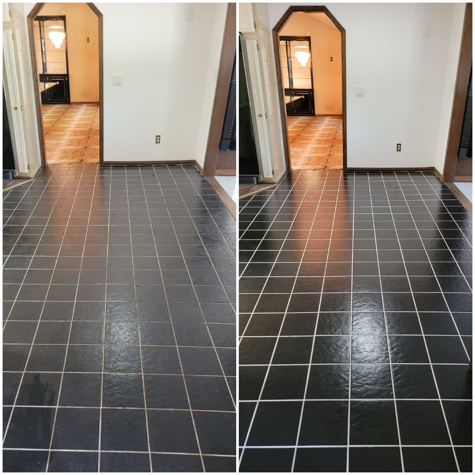 A before and after photo of a black tile floor