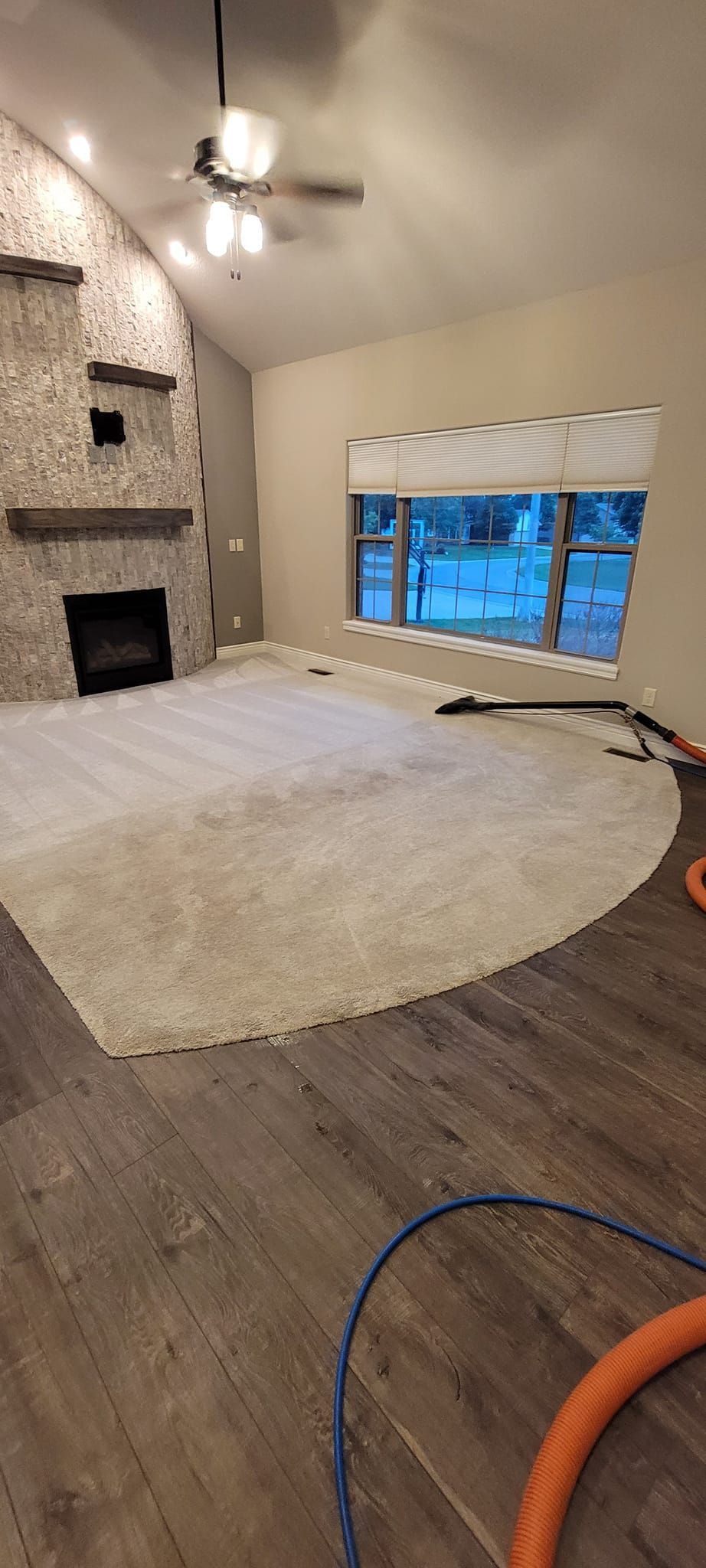 A living room with a fireplace and a rug on the floor.