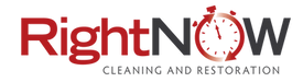Logo of Right Now Cleaning and Restoration, with a stopwatch replacing the letter "O."