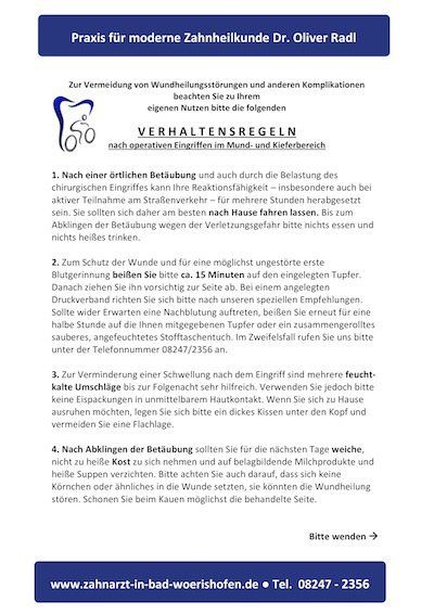 Verhaltensregeln nach einer Op von Dr. Oliver Radl, Zahnarzt in Bad Wörishofen