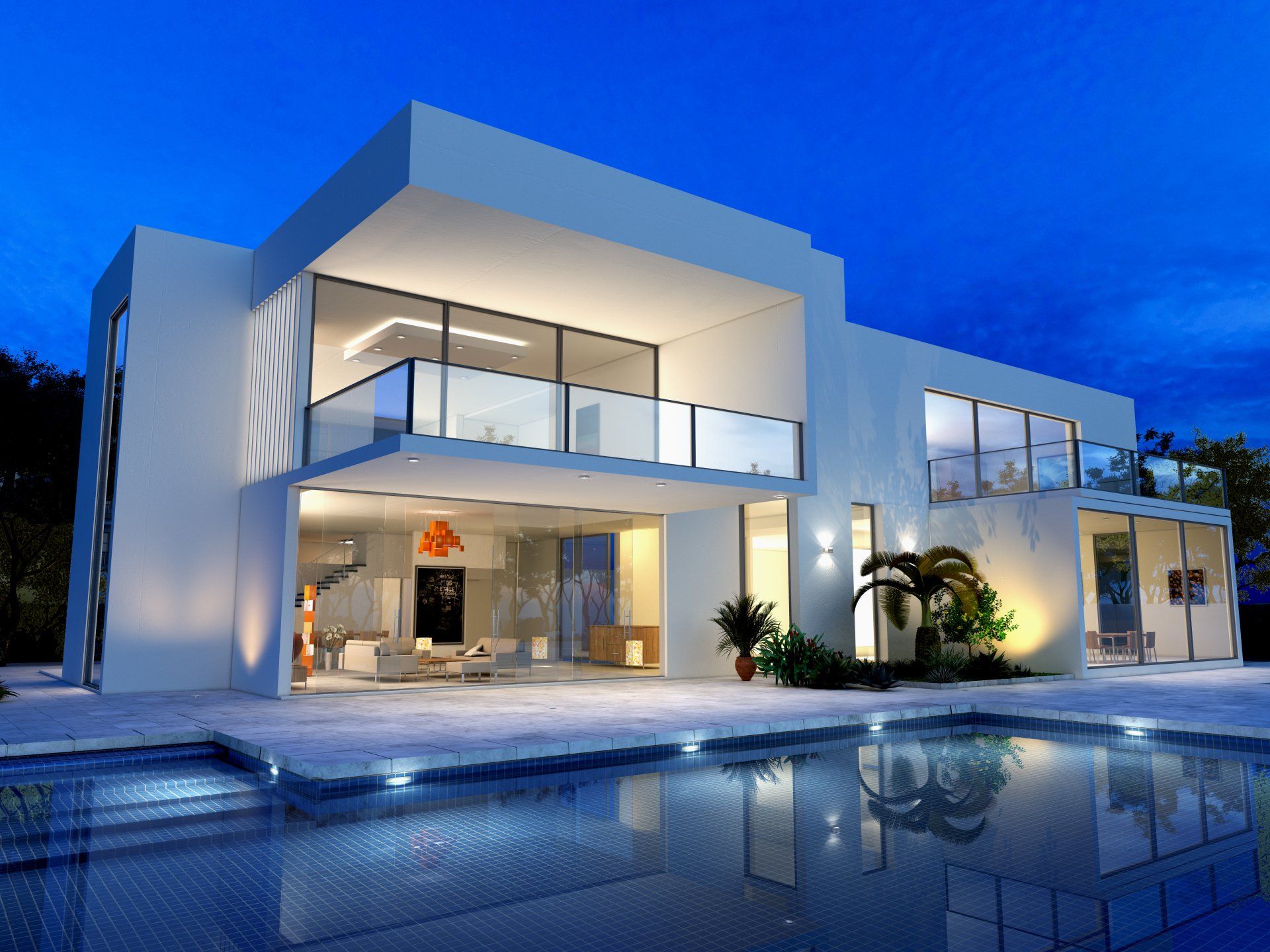 Modern 2 storey white house in front of pool in Adelaide.
