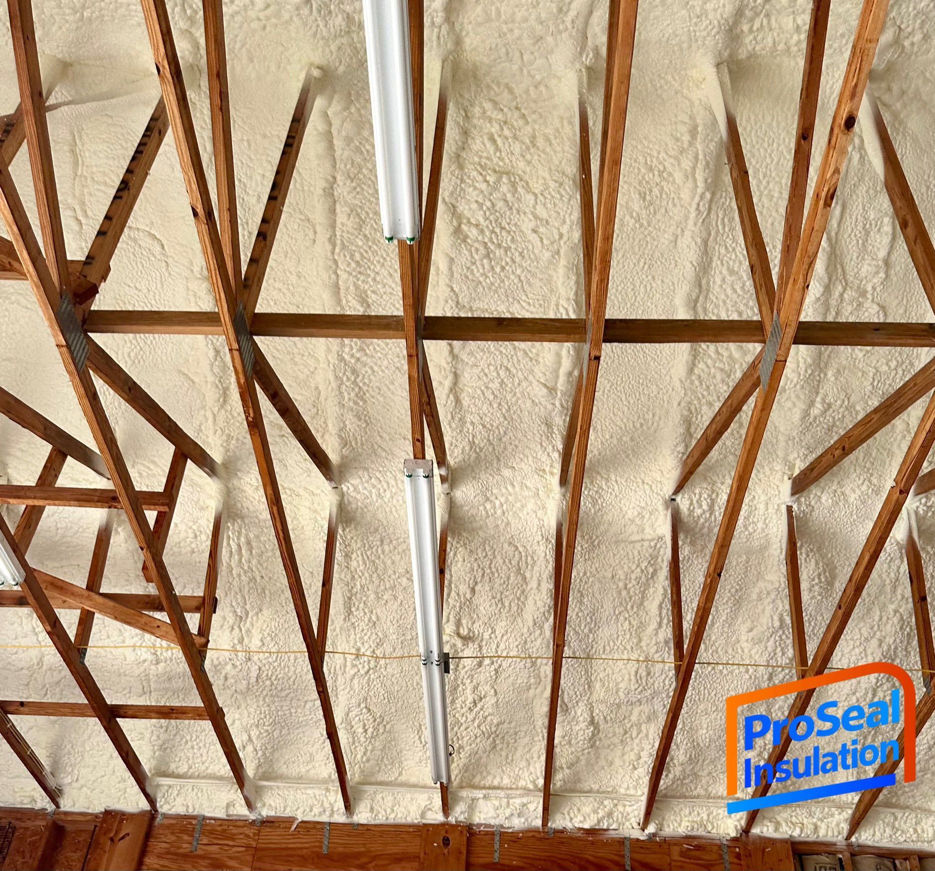 Attic rafters with spray foam insulation, beige with wooden beams. Two fluorescent lights hang down.