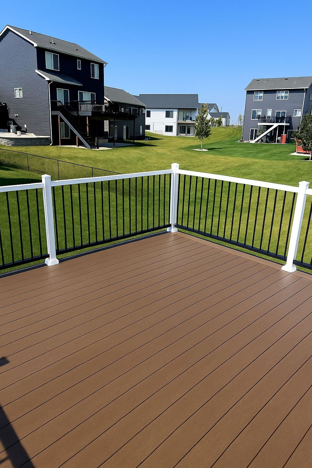 A set of stairs leading up to a deck with a metal railing.