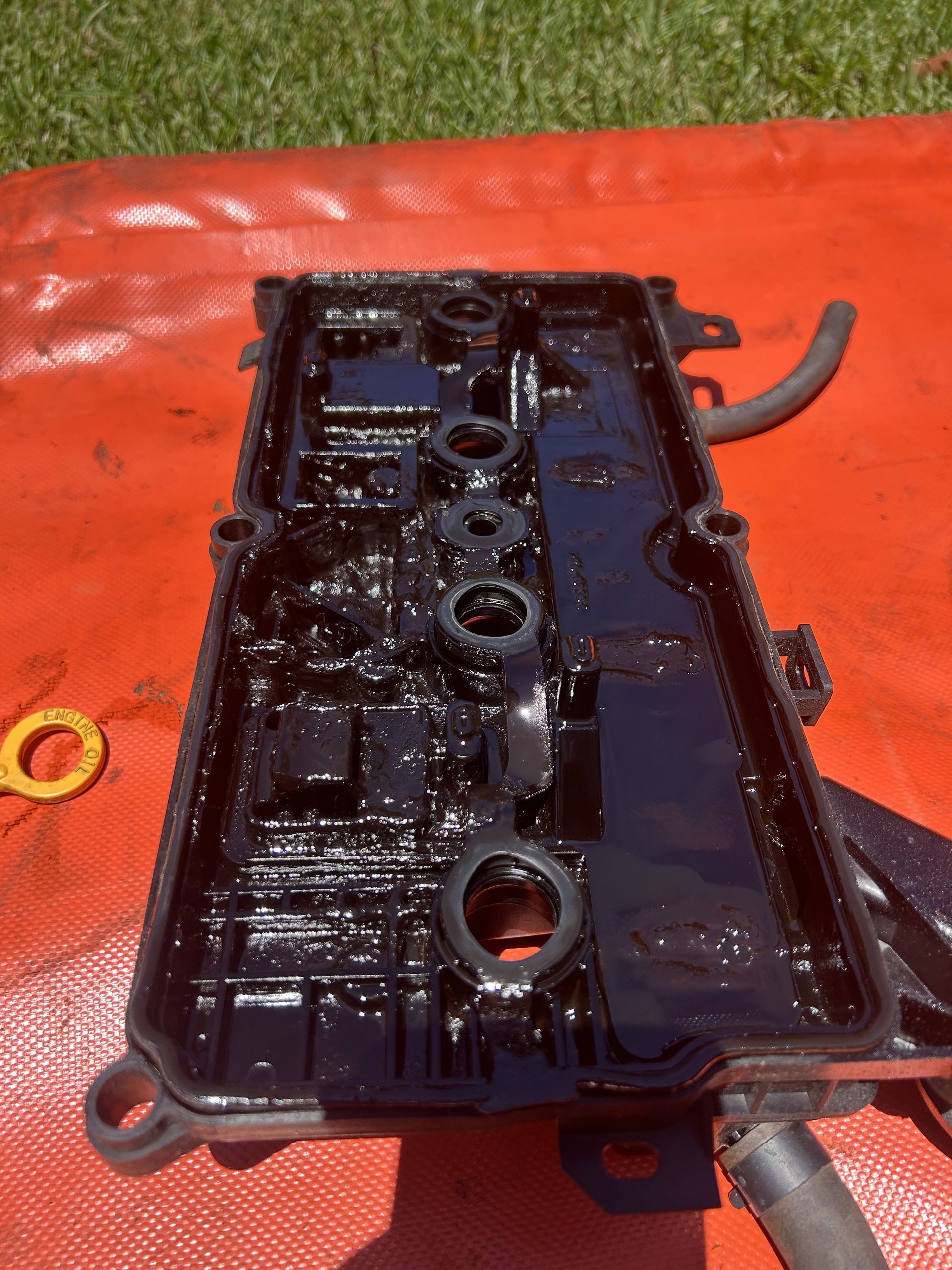 Black engine valve cover with oil, on a red surface. — All Auto & Mechanical in The Entrance North, NSW