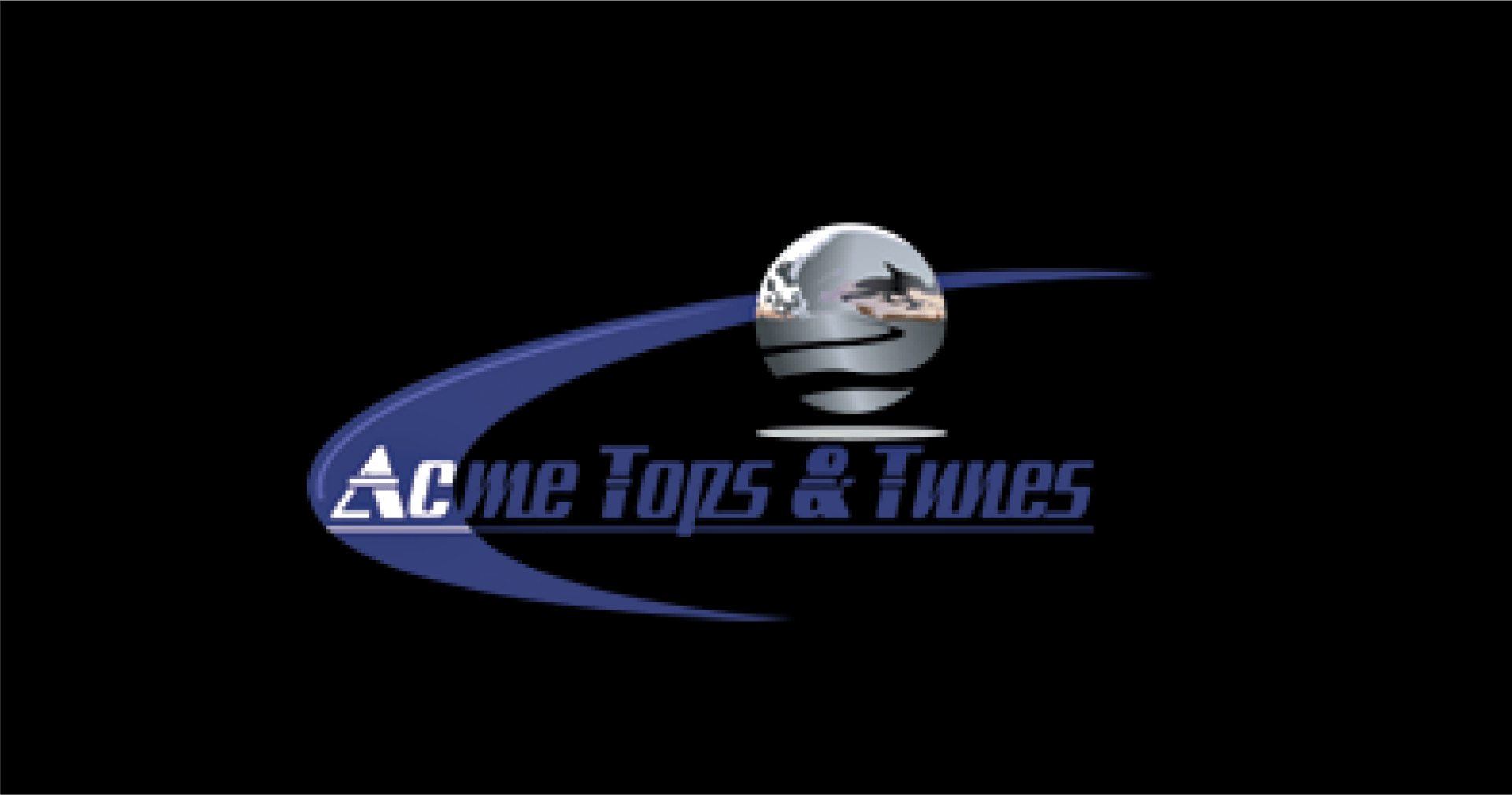 A logo for acme tops & tunes with a globe on it