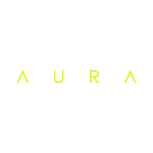 The word aura is written in yellow on a white background.