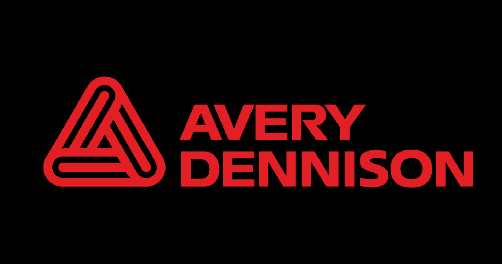 The avery dennison logo is red and black on a black background.