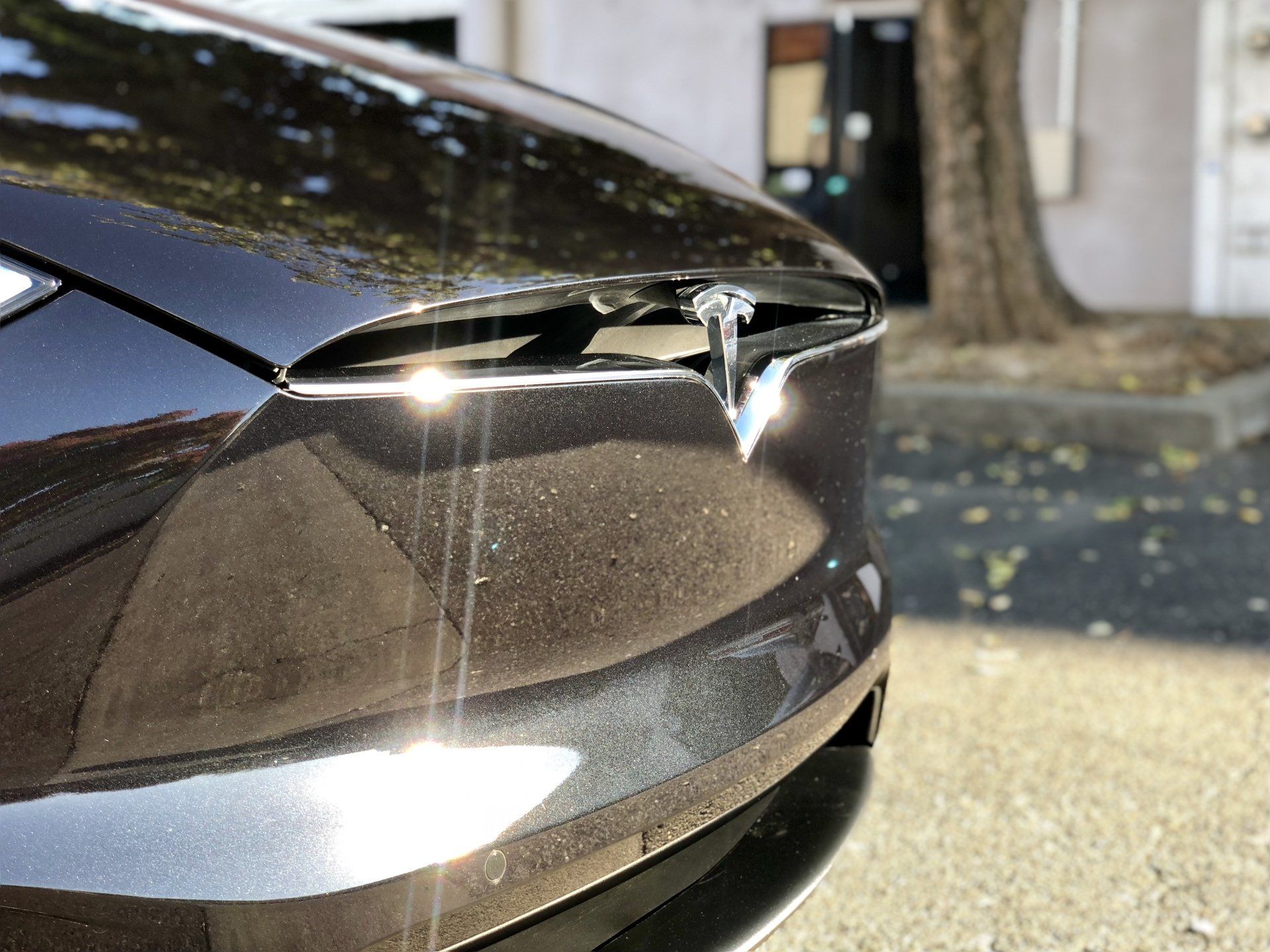 A close up of a tesla model s parked in front of a building.