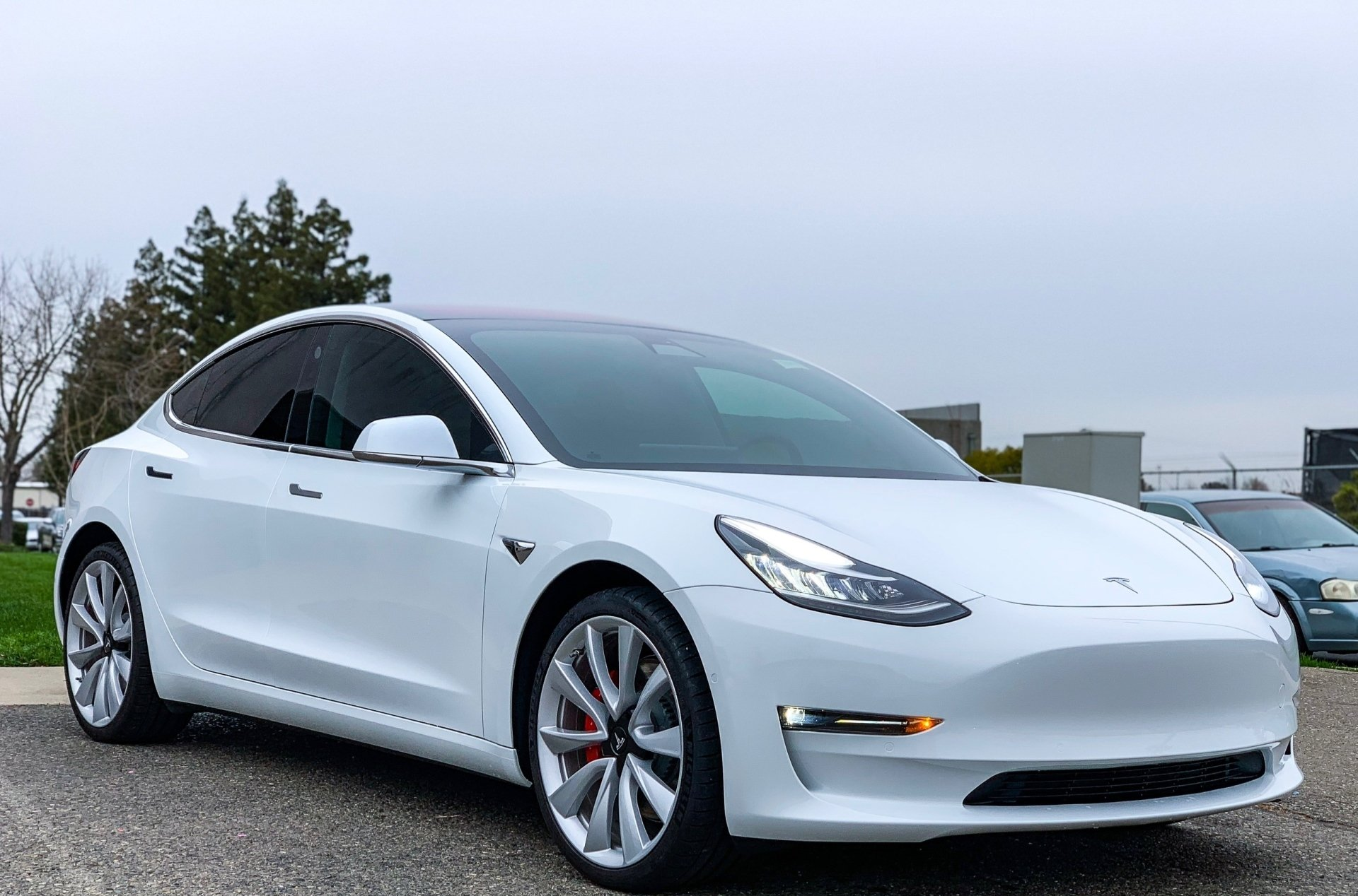 A white tesla model 3 is parked on the side of the road.