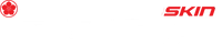 A red and white logo for a company called skin.