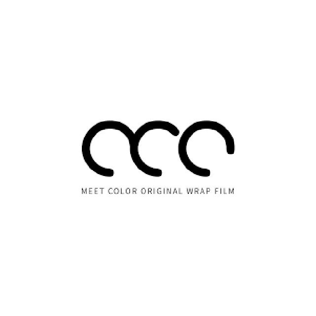 A black and white logo for a company called meet color original wrap film.