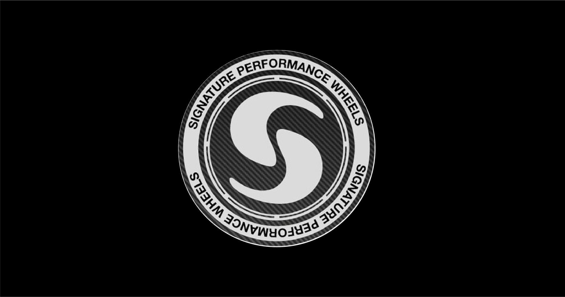 A black and white logo for signature performance wheels on a black background.
