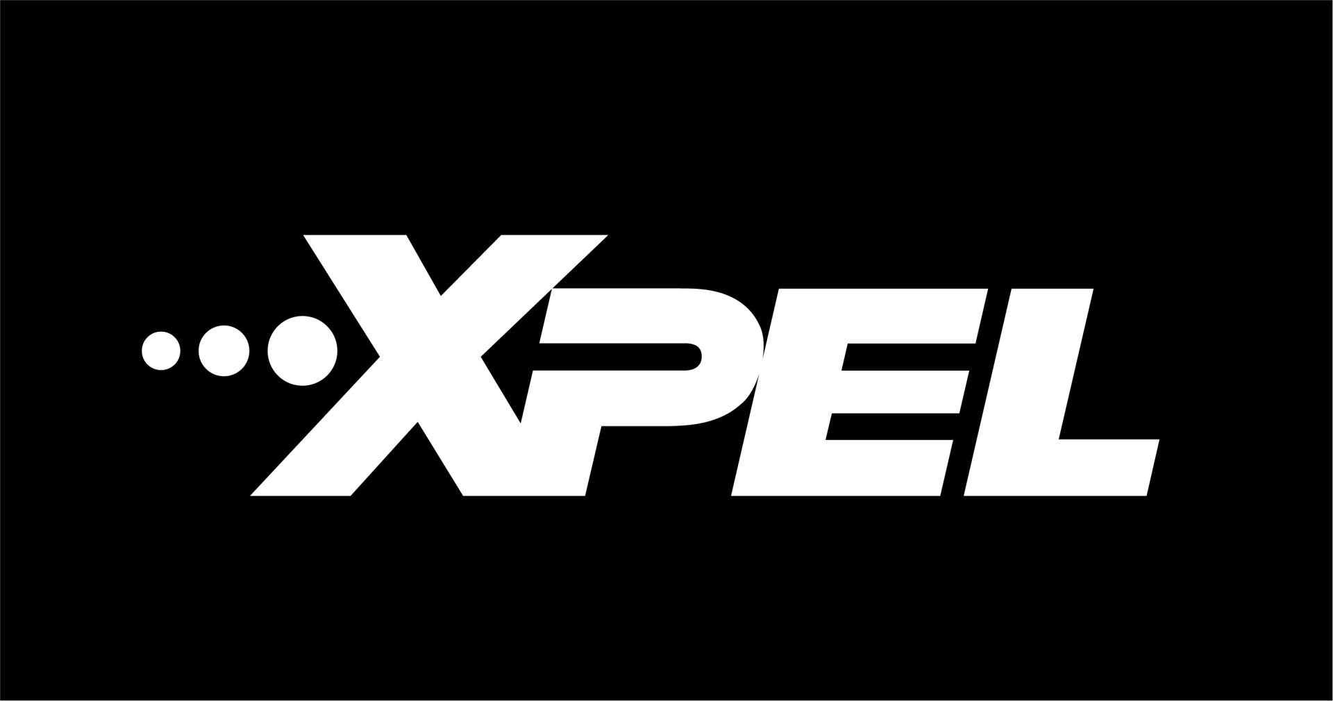 A white xpel logo on a black background