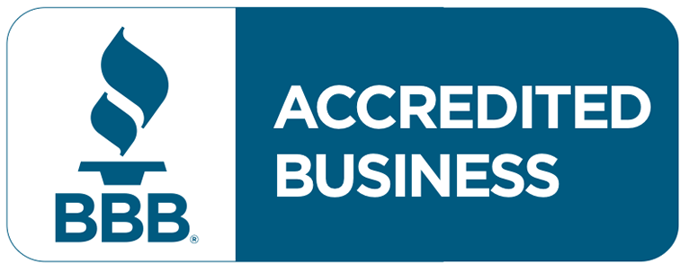A blue and white sign that says accredited business
