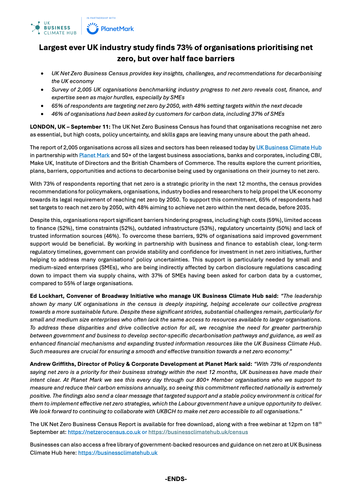 Snapshot of press release for the Net Zero Census Report 