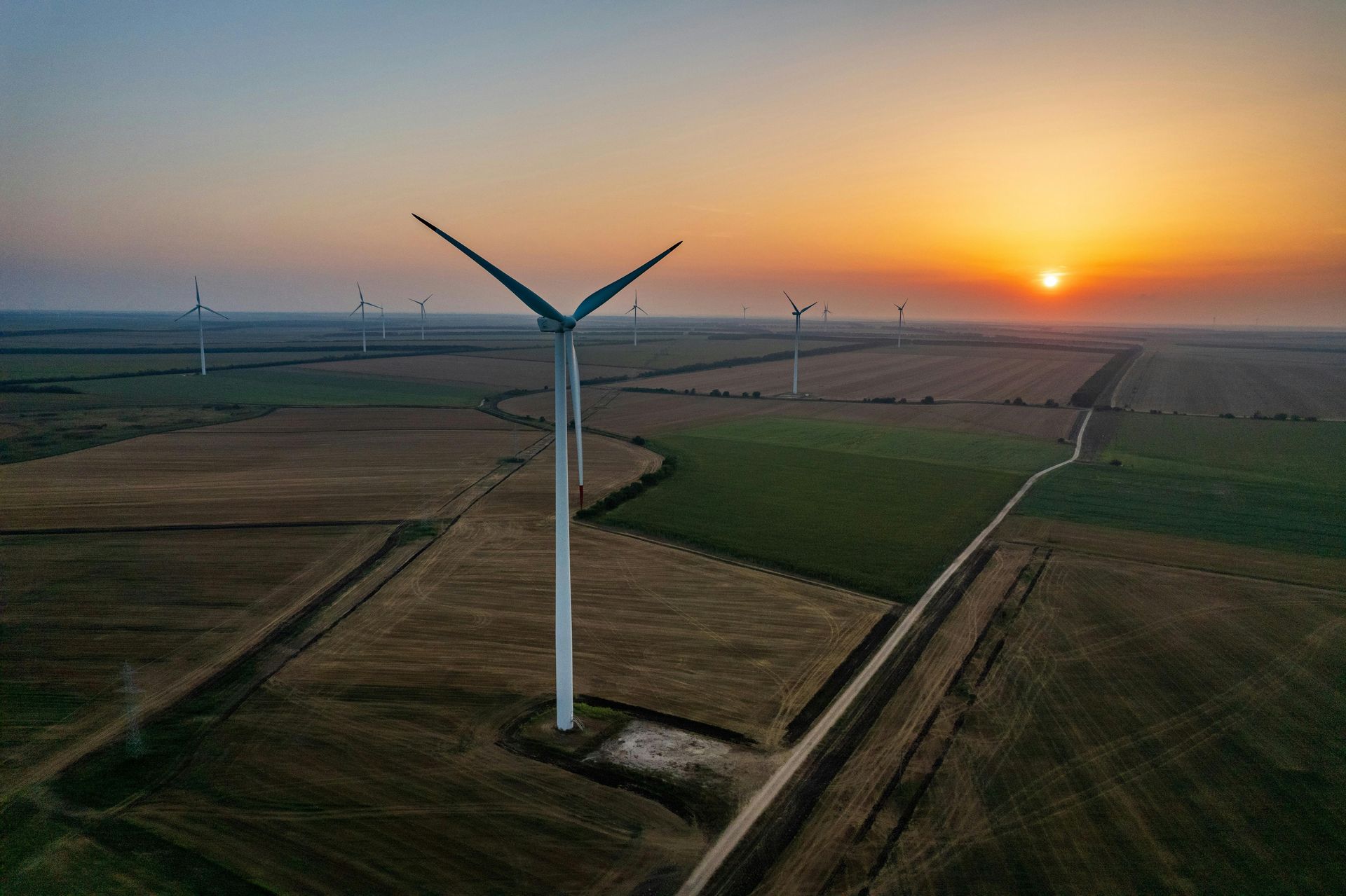 Wind turbines in a field at sunset, casting long shadows.