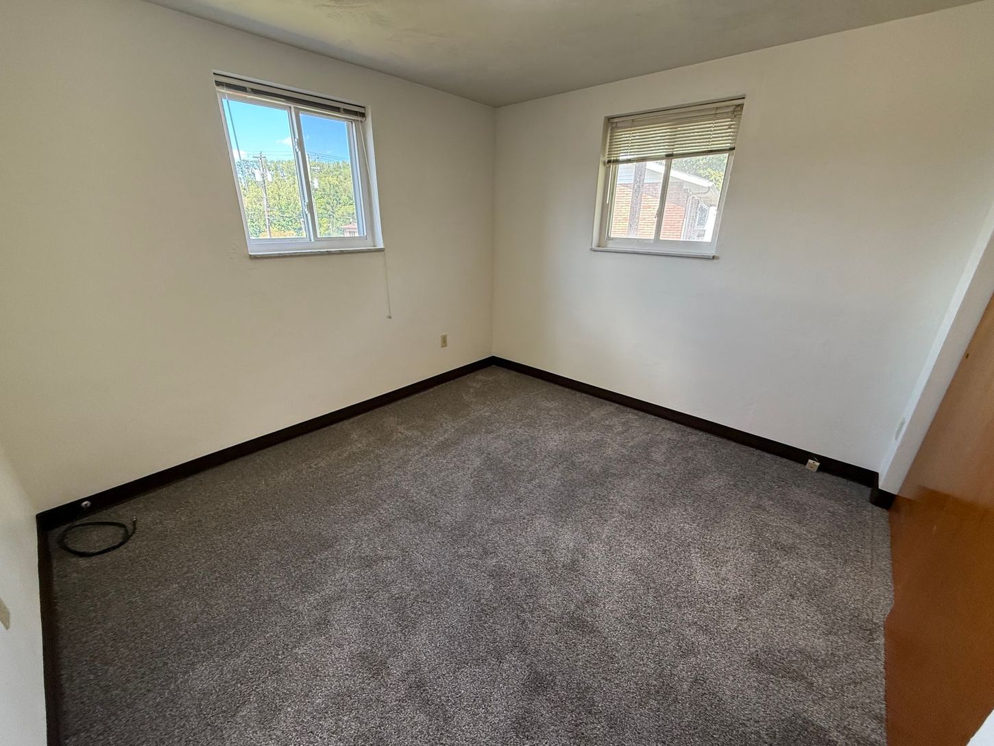 Empty room with gray carpet, white walls, two windows, and a doorway.