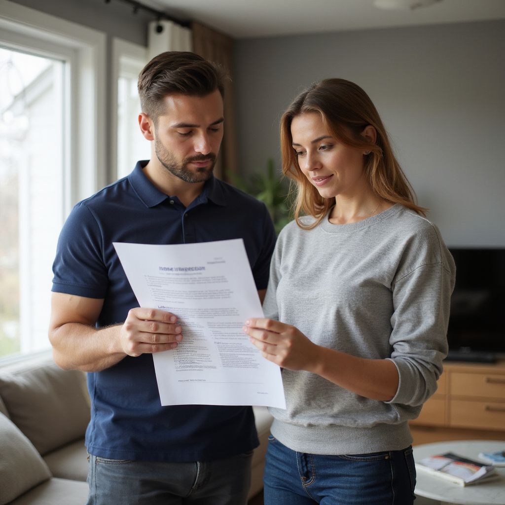 Couple in a living room reading paperwork together; both looking intently.
