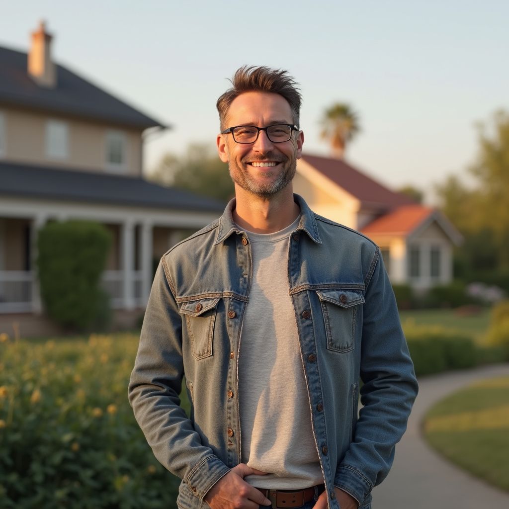 Man with glasses smiling outside houses, wearing a denim jacket.
