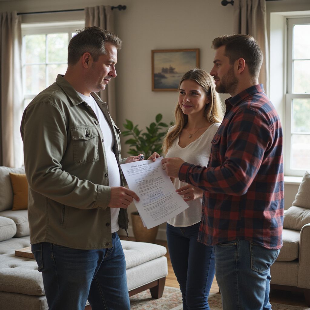 Man showing document to a couple in a living room. They are discussing paperwork.