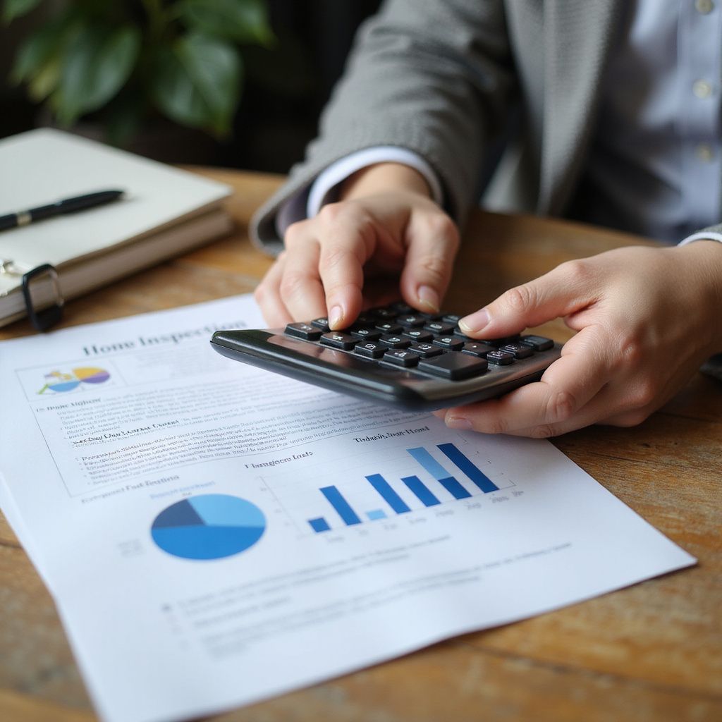 Person calculating numbers with a calculator, reviewing charts and graphs on paper at a table.