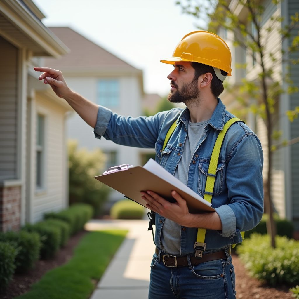Construction worker inspecting a house, wearing a hard hat and holding paperwork, pointing upwards.