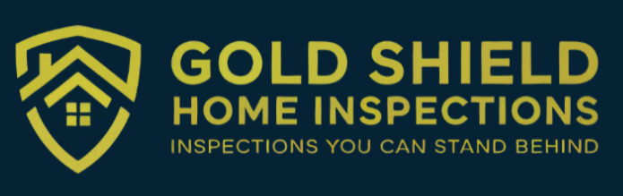 Gold Shield Home Inspections logo: gold shield with house icon; gold text on dark blue background.