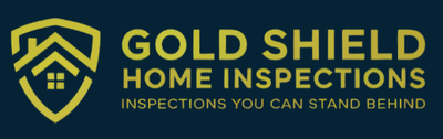 Gold Shield Home Inspections logo: gold shield with house icon; gold text on dark blue background.