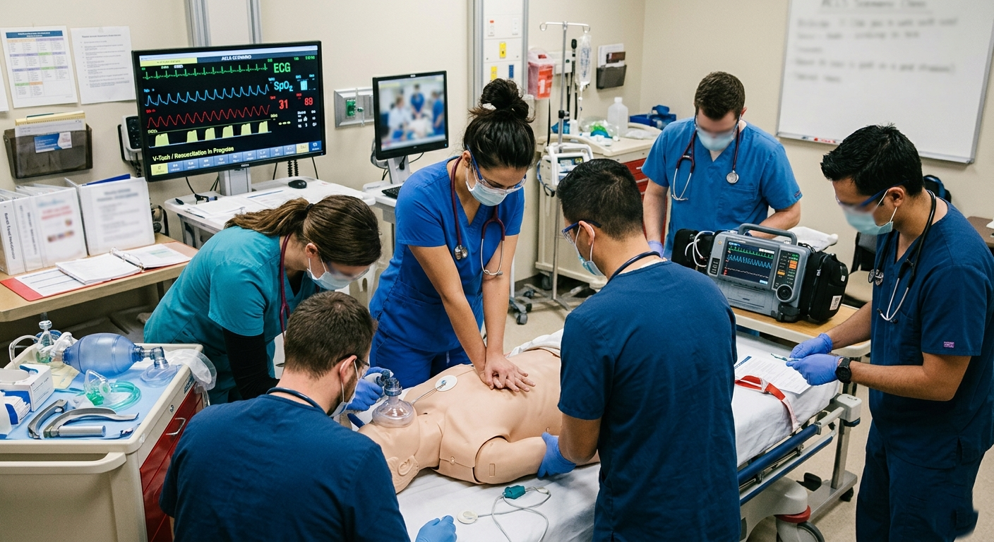 Medical students performing CPR on a training manikin in a classroom with monitors and equipment