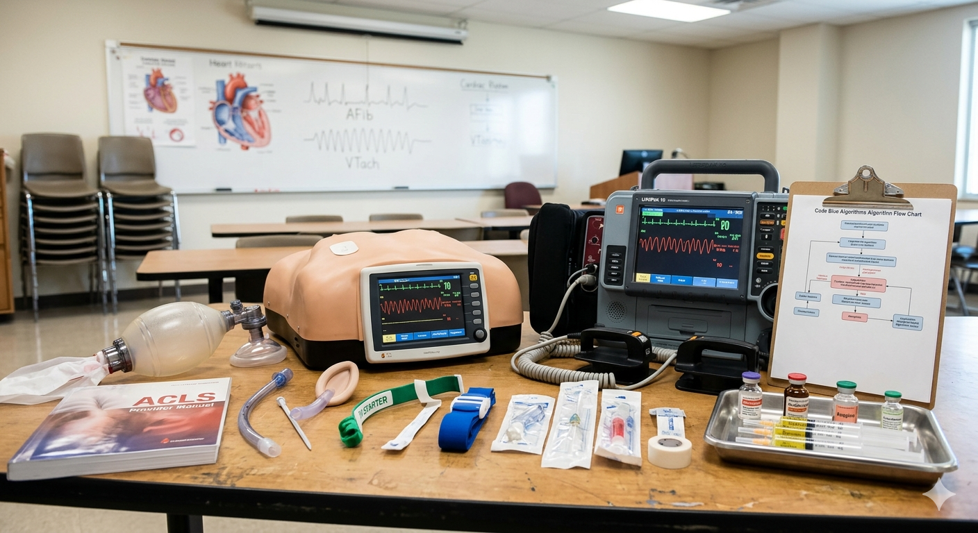 Medical training lab with CPR mannequins and emergency devices on a table, classroom in background