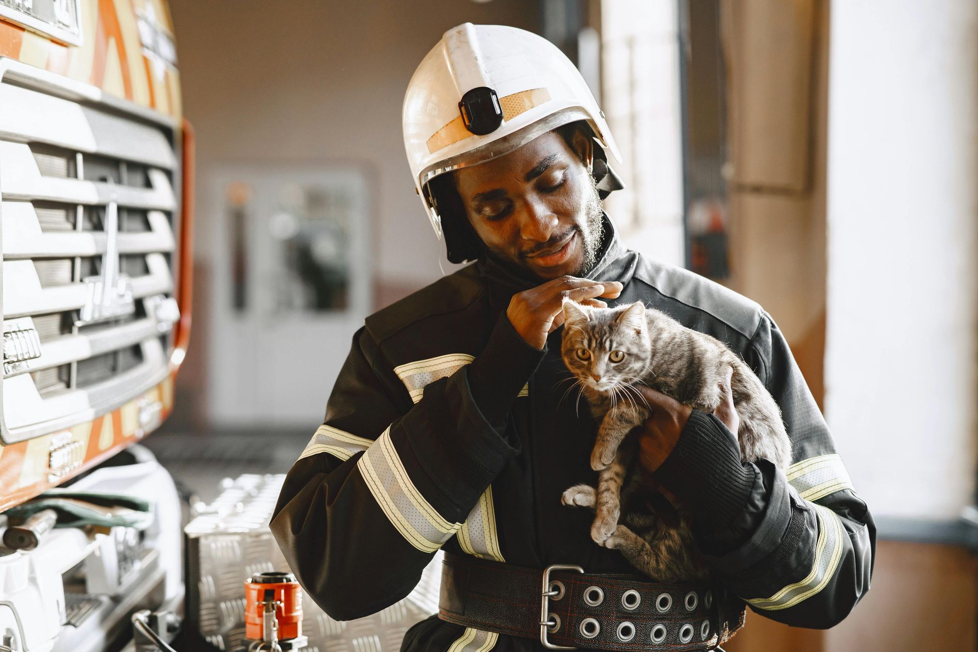 Firefighter in helmet holding a gray cat near a fire truck.