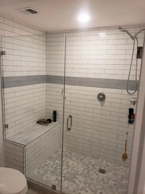 A bathroom with a walk in shower and a toilet.