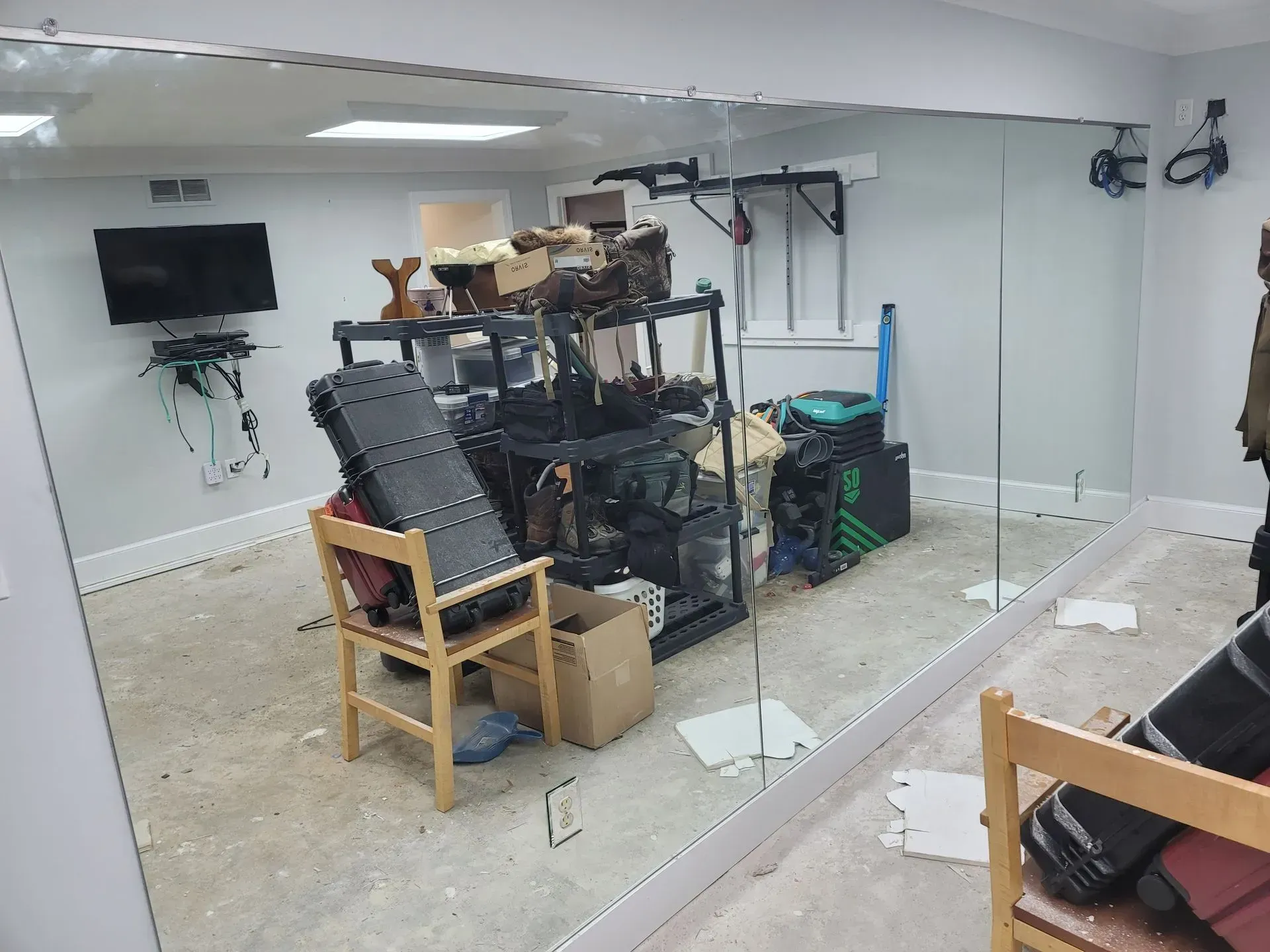 There is a large mirror in the middle of the room.