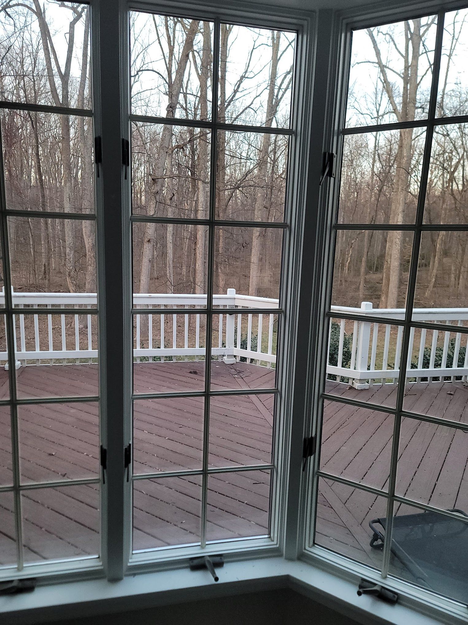 A window with a view of a deck and trees