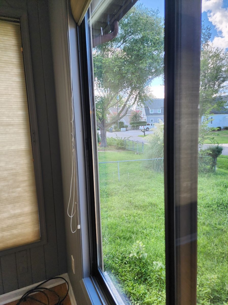 View of a grassy yard through a window. Trees and houses are visible in the distance.