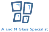 Logo of "A and M Glass Specialist," featuring four blue glass window shapes.