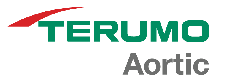 Logo for Terumo Aortic, green text with red swoop.