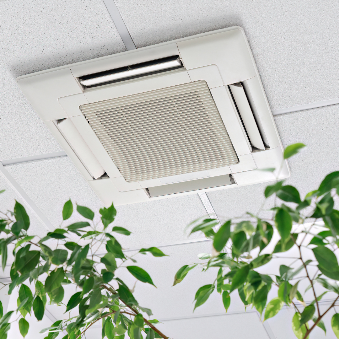 A ceiling mounted air conditioner with a plant in the foreground