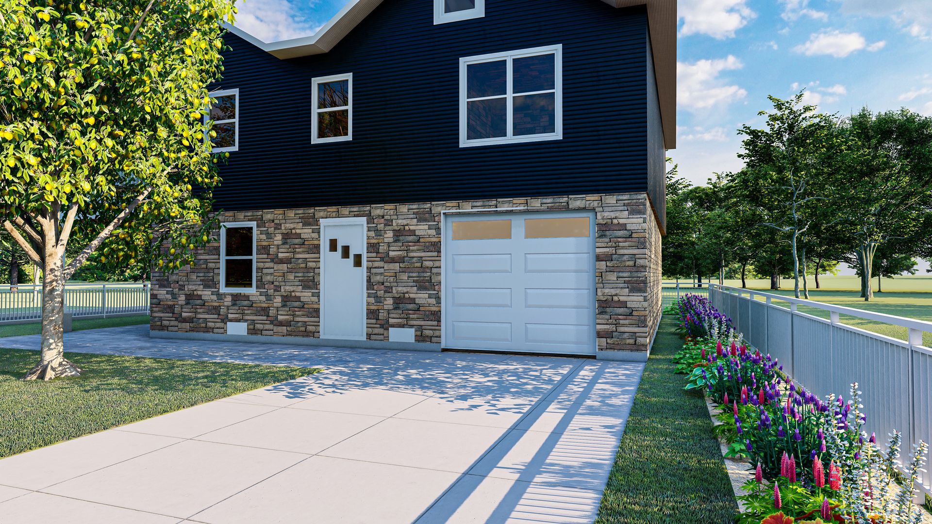 Two-story house with stone facade, black siding, garage, white door, and driveway. Green grass and trees in the yard.