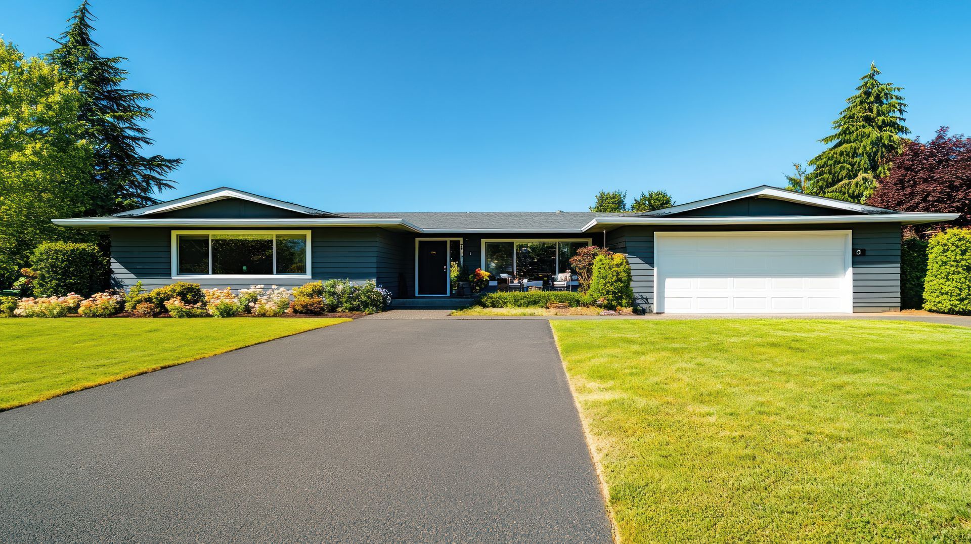 Blue ranch-style house with white garage, black driveway, green lawn, and clear blue sky.