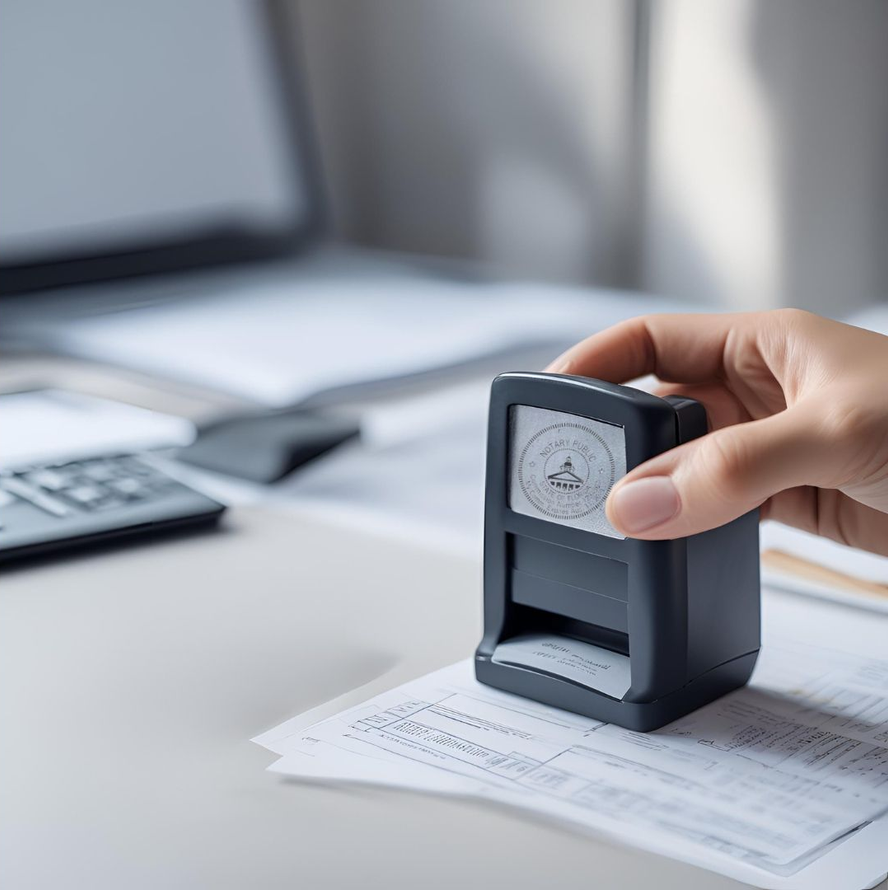 Hand stamping paperwork with a black stamp in an office setting.