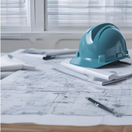 Blue hard hat on blueprints, a pen rests nearby. Indoors by a window.
