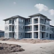 Construction site with unfinished apartment building on a sandy lot under a cloudy sky.