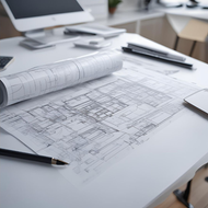 Architect's desk with rolled blueprints, open plans, pen, and computer monitor.