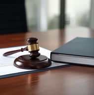 Gavel and book on a wooden table, likely in a courtroom or office.