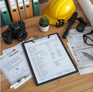 Desk with construction tools, checklist, camera, and documents.