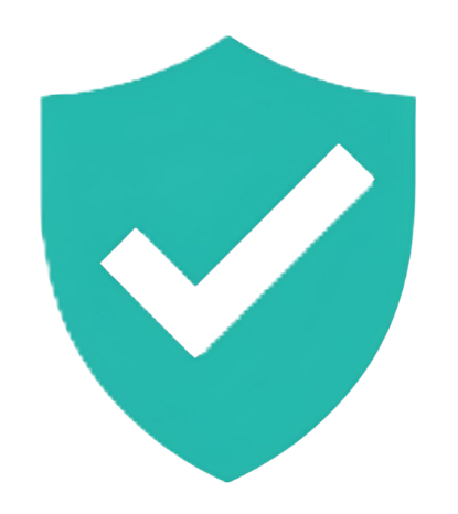 Teal shield with white checkmark, indicating security and approval.